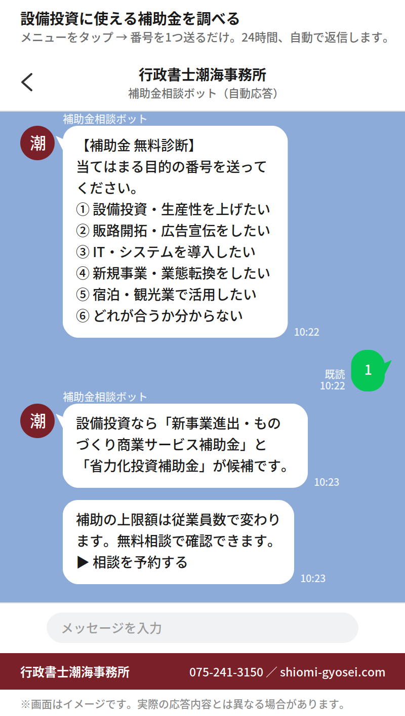 LINEで設備投資に使える補助金を調べたときのやり取りの例